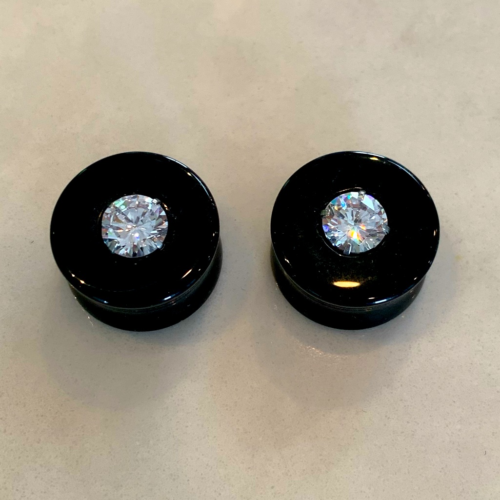 Obsidian Stone Plugs With Cz Gem Inlay 34